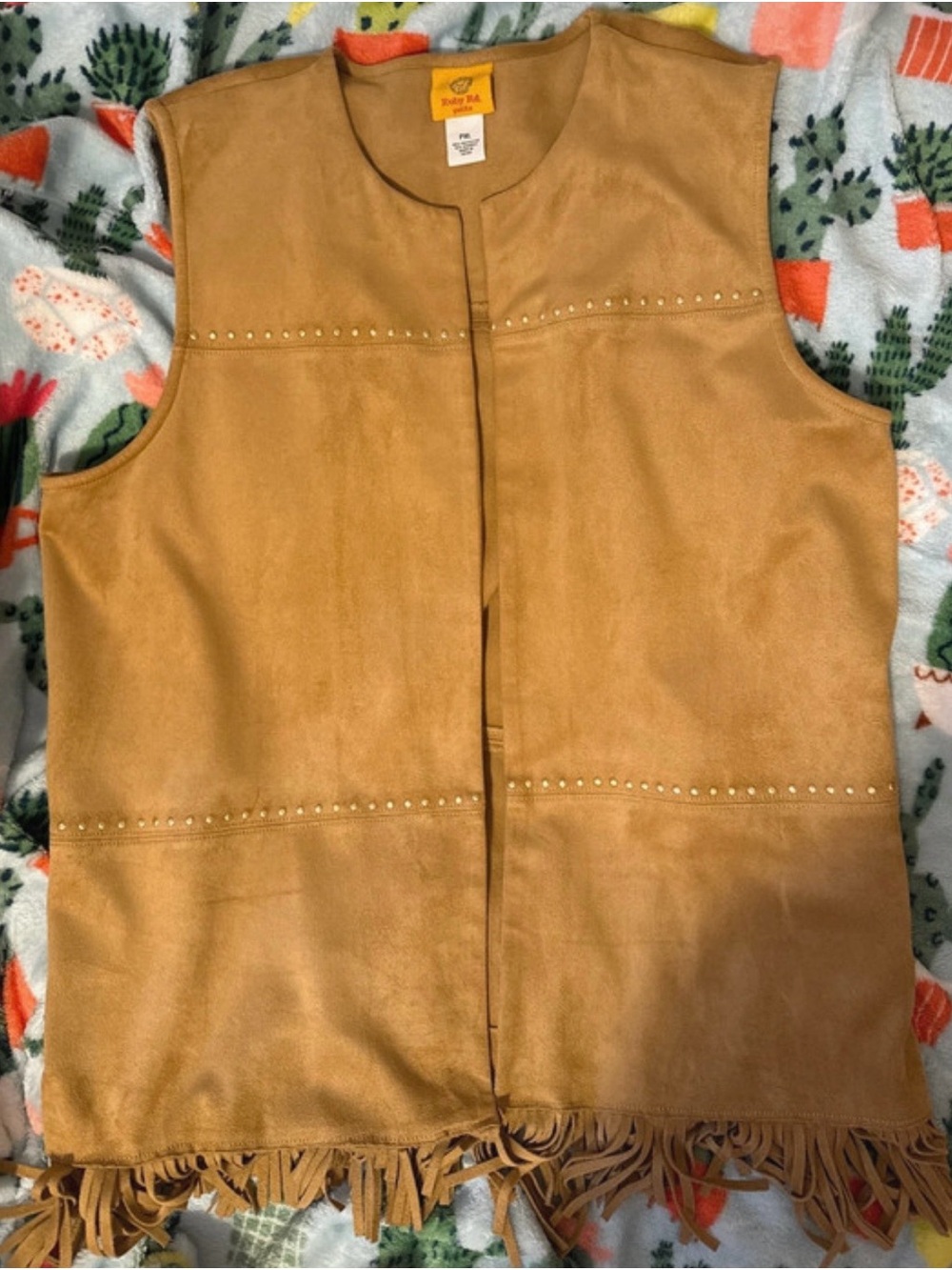 Ruby Rd. Camel Suede-Look Studded Fringe Vest